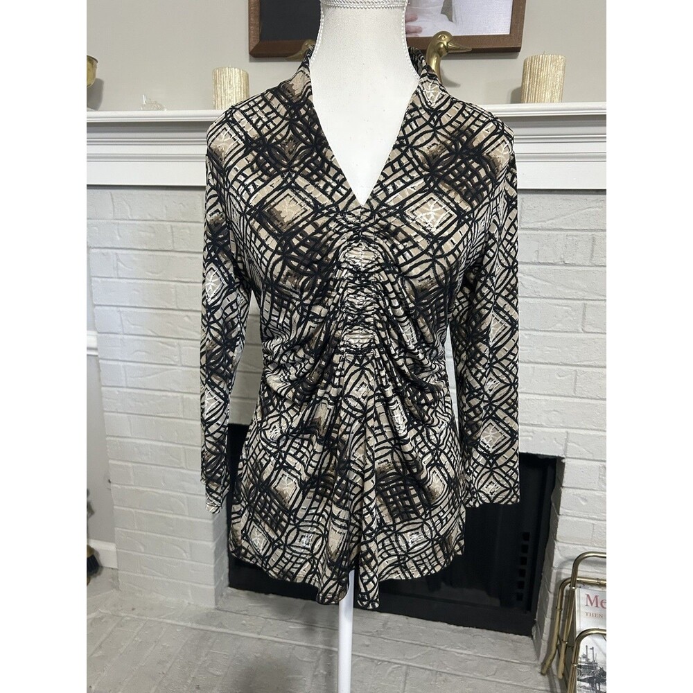 Vtg Alfani Faux Wrap Top Size M Geometric Floral Y2K V-Neck Rouched